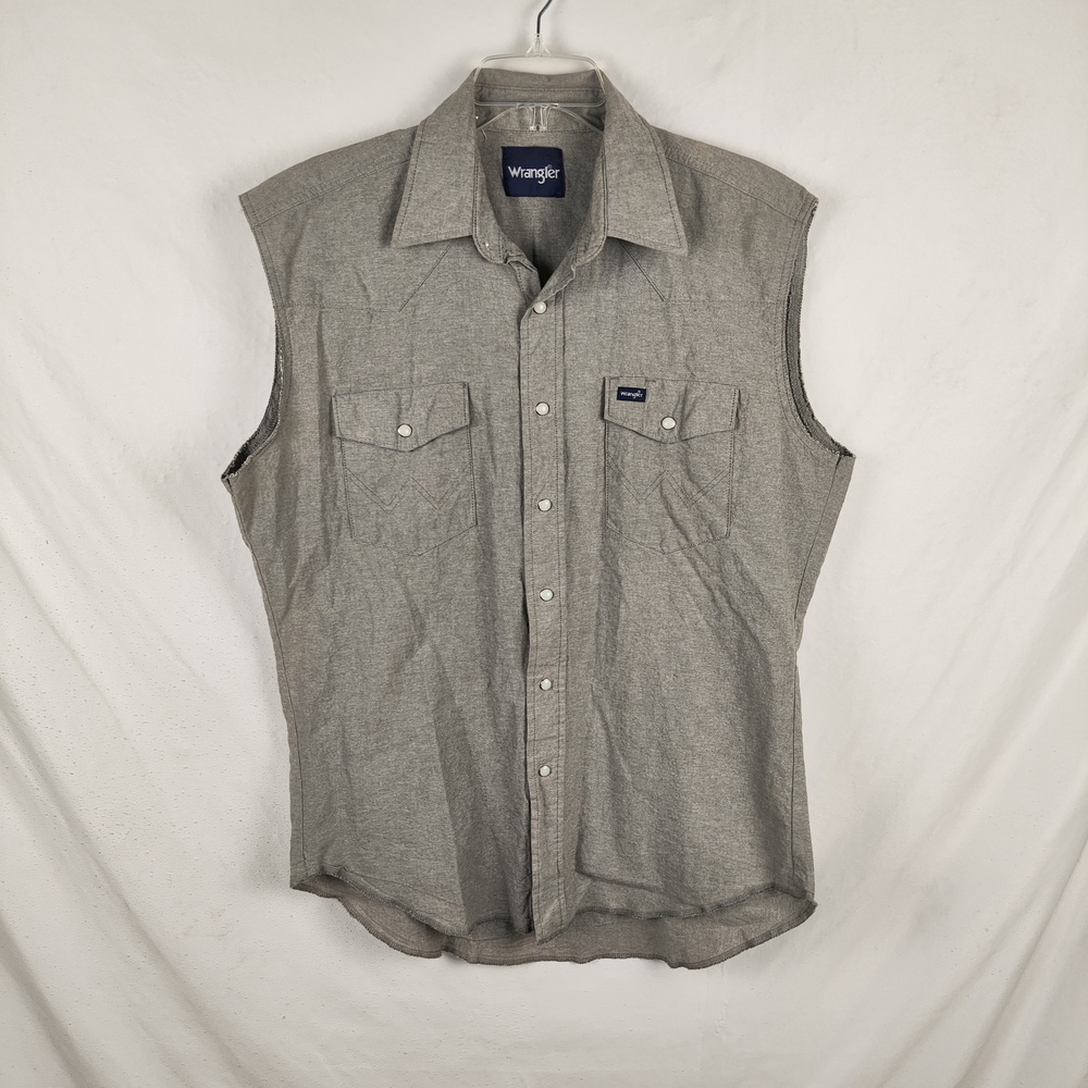 Wrangler Shirt Mens Large Gray Chambray Western Snap Button Sleeveless